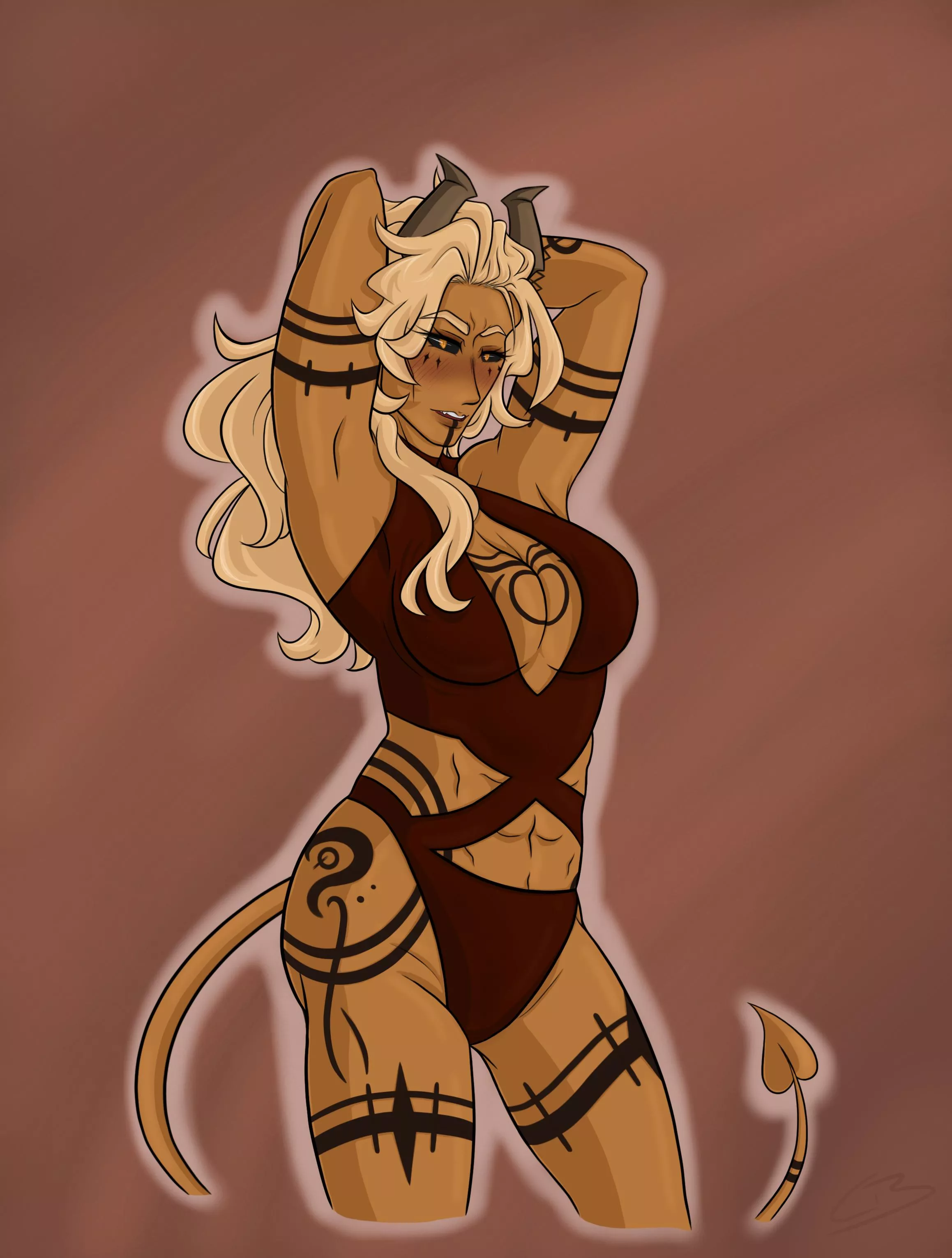 [FOR HIRE] An older piece of my Tiefling Barbarian posted by caaro_chan