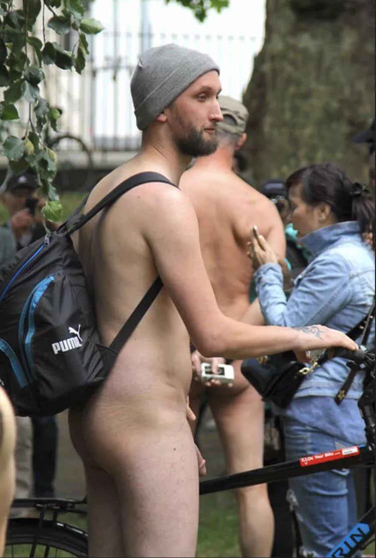 My cock peeking out from behind my leg at the London World Naked Bike Ride. posted by dickinsect