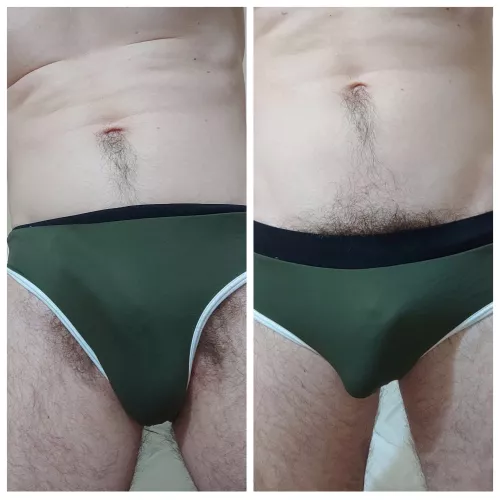 Which way is more decent for going to the pool? I've bought the new swimming trunks but it's not able to hide my bush. Don't offer to shave or buy swimming shorts. I think the right one is more suitable because it looks organic with belly hair. What d by Then-Mechanic-3092