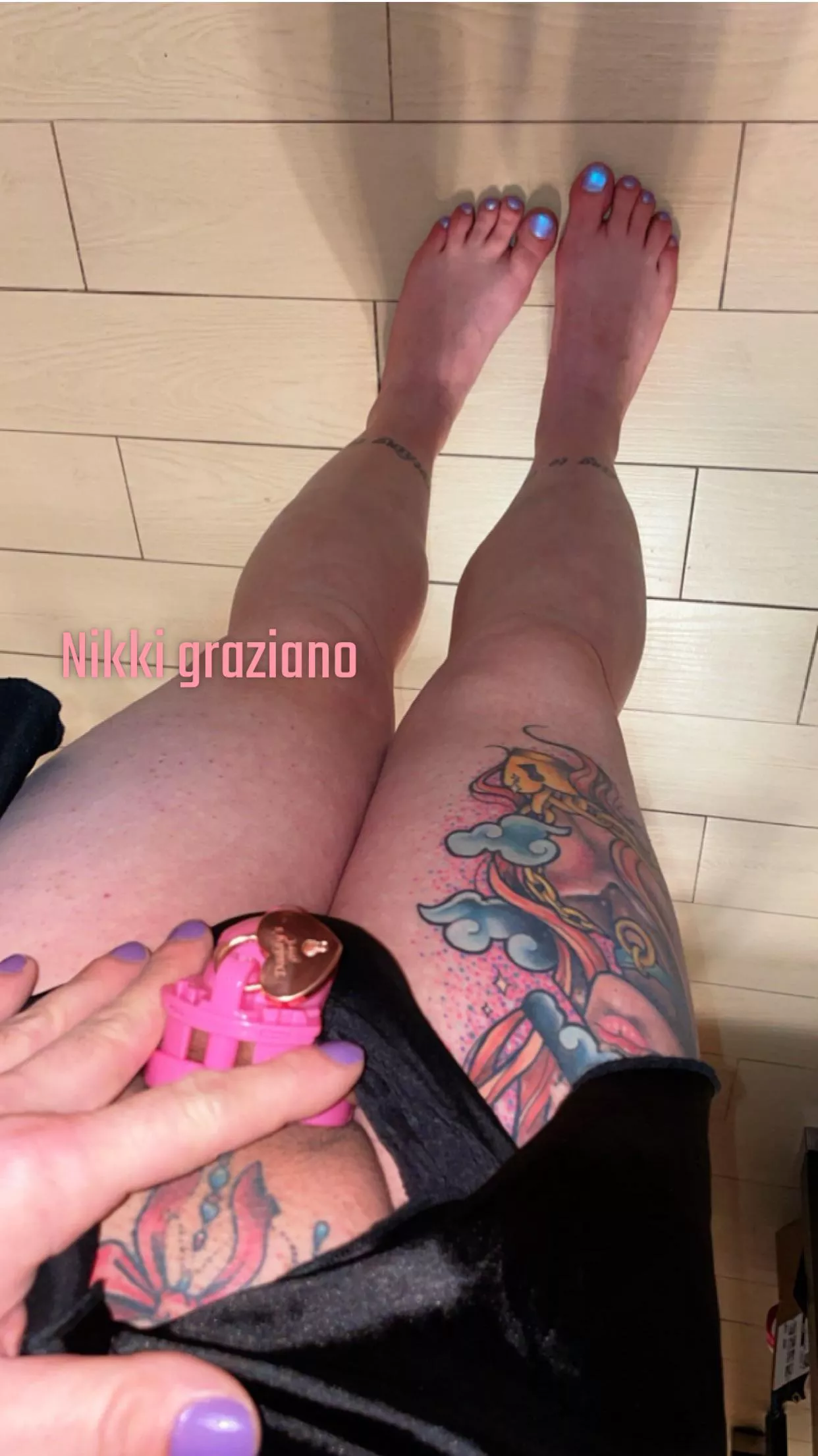 Imagine looking down nails painted, femme tattoos, a permanent pink bow above your cockette and a 1” chastity permanently hindering you from pleasure……I love my life posted by nikkigraziano13