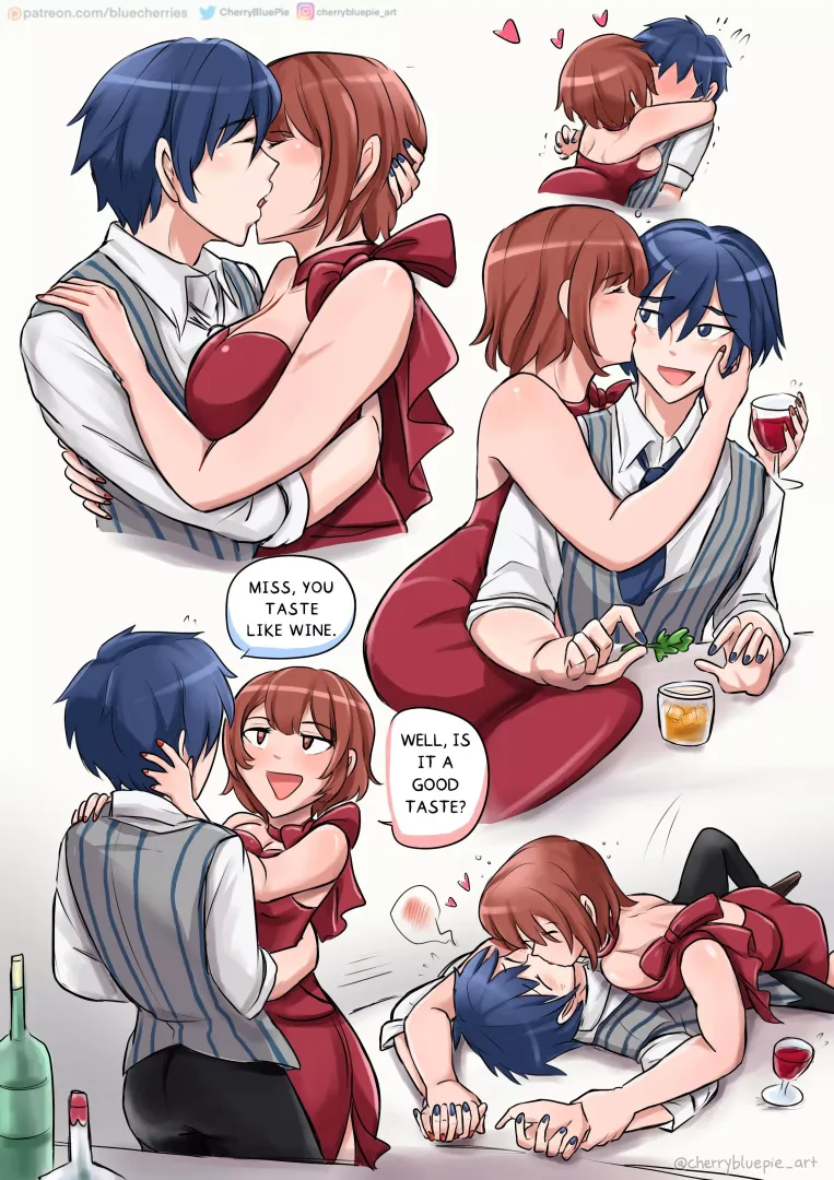 OC: bartender and his new drunk n affectionate girlfriend by wamcherrypie