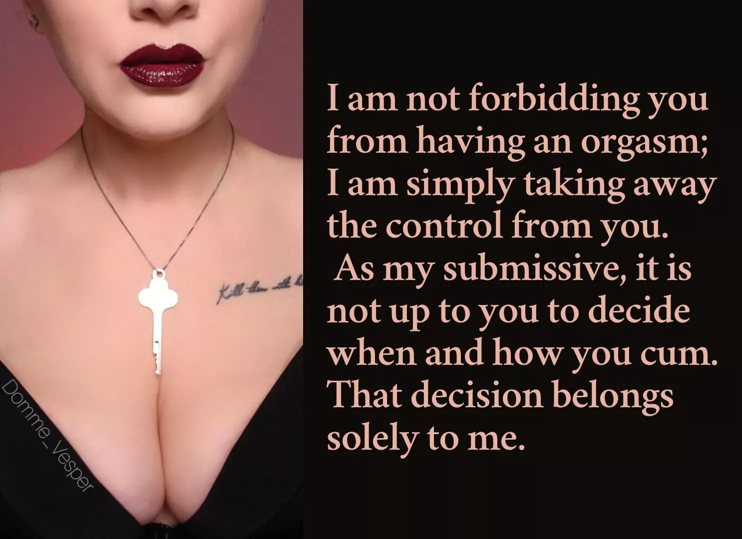 I am not forbidding you from having an orgasm; I am simply taking away the control from you. As my submissive, it is not up to you to decide when and how you cum. That decision belongs solely to me. posted by Domme_Vesper