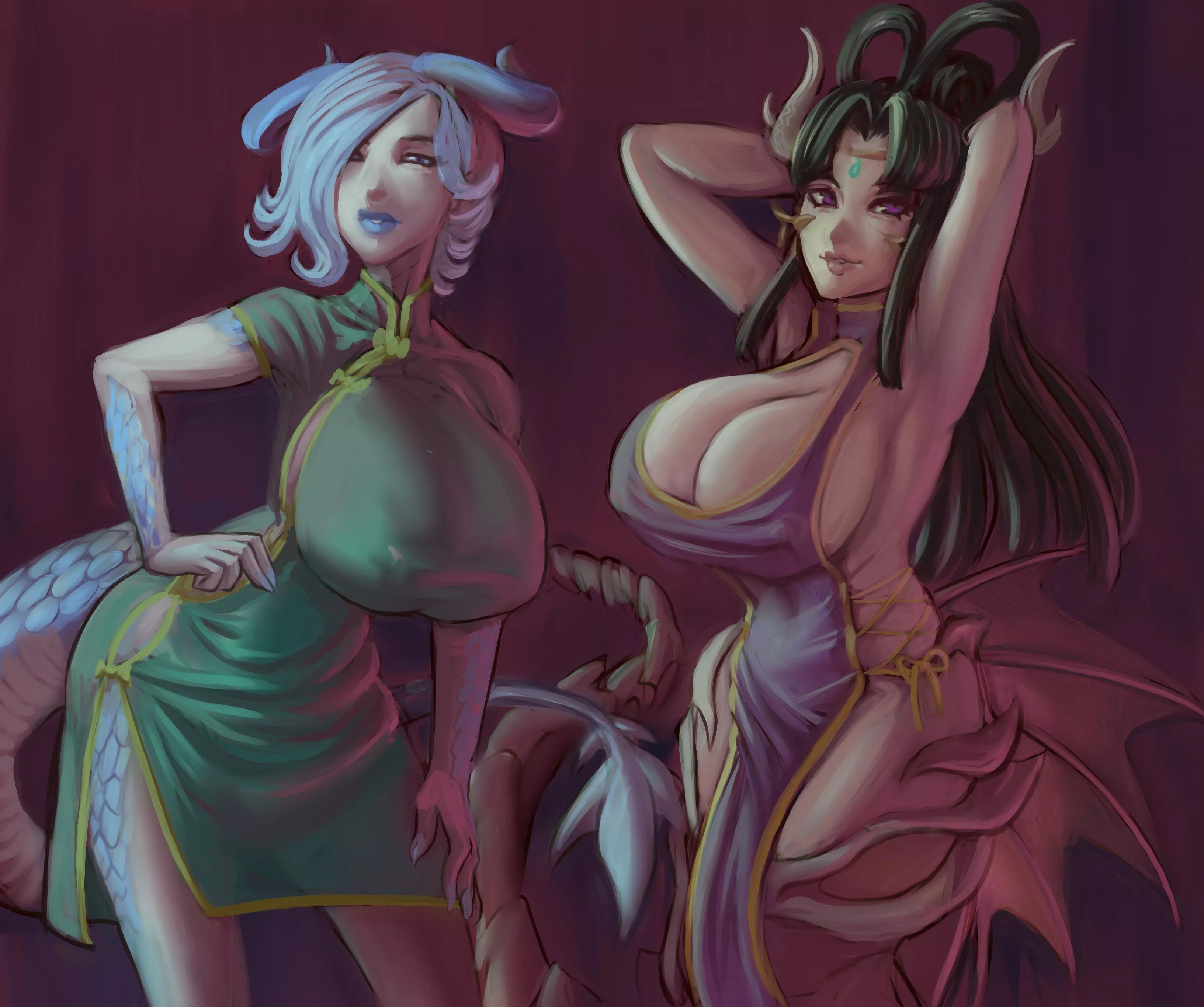 Two Sexy Dragon Girls in Cheongsam outfits (Zilvan) posted by Tatsu12345