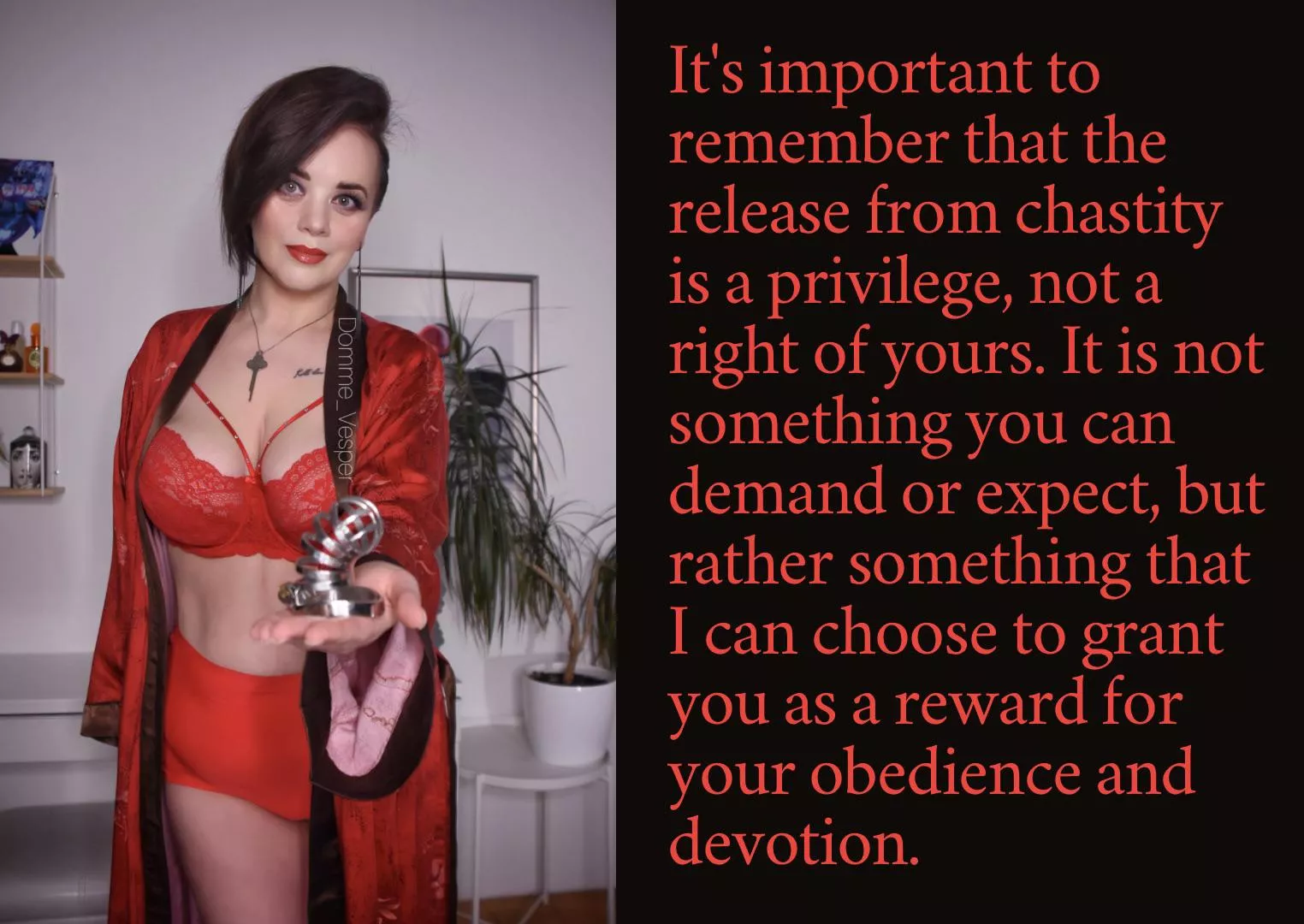 It's important to remember that the release from chastity is a privilege, not a right of yours. It is not something you can demand or expect, but rather something that I can choose to grant you as a reward for your obedience and devotion. posted by Domme_Vesper