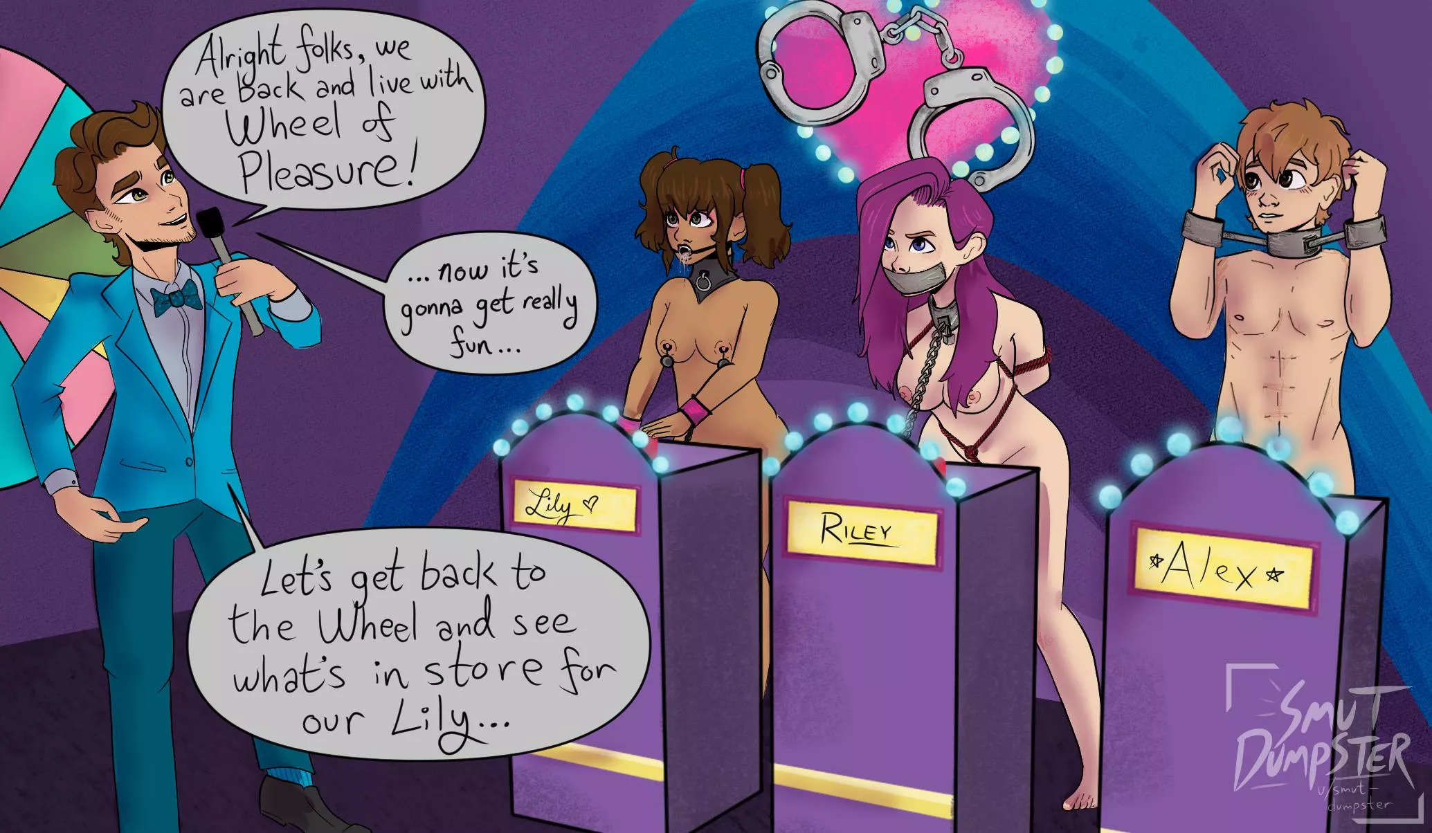 The contestants on Wheel of Pleasure are in for a treat... (art by u/smut-dumpster) posted by smut-dumpster