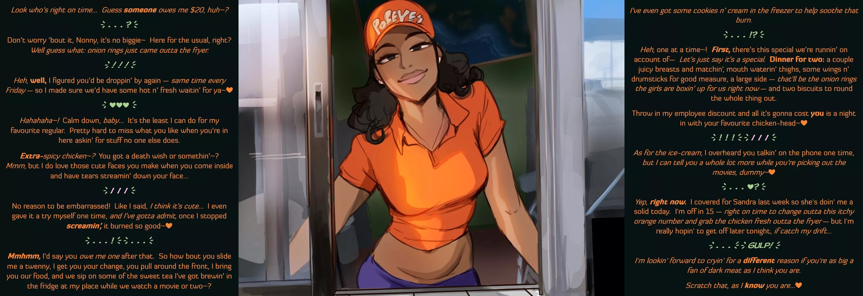 [MxF] Extra spicy [VALENTINE'S DAY!][Popeye's Chicken][Drive-through][Regular Customer][Cashier's a hottie][Forward female][She makes the first move][First date][MtG Caption][Artist: Lightsource] posted by MtG-Ti