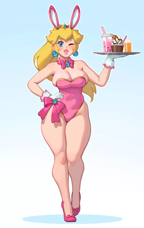 Princess Peach - Bunny Peach waitress brings your order and a complementary free wink (Riz, rizdraws) [Super Mario] by gifsundgirls
