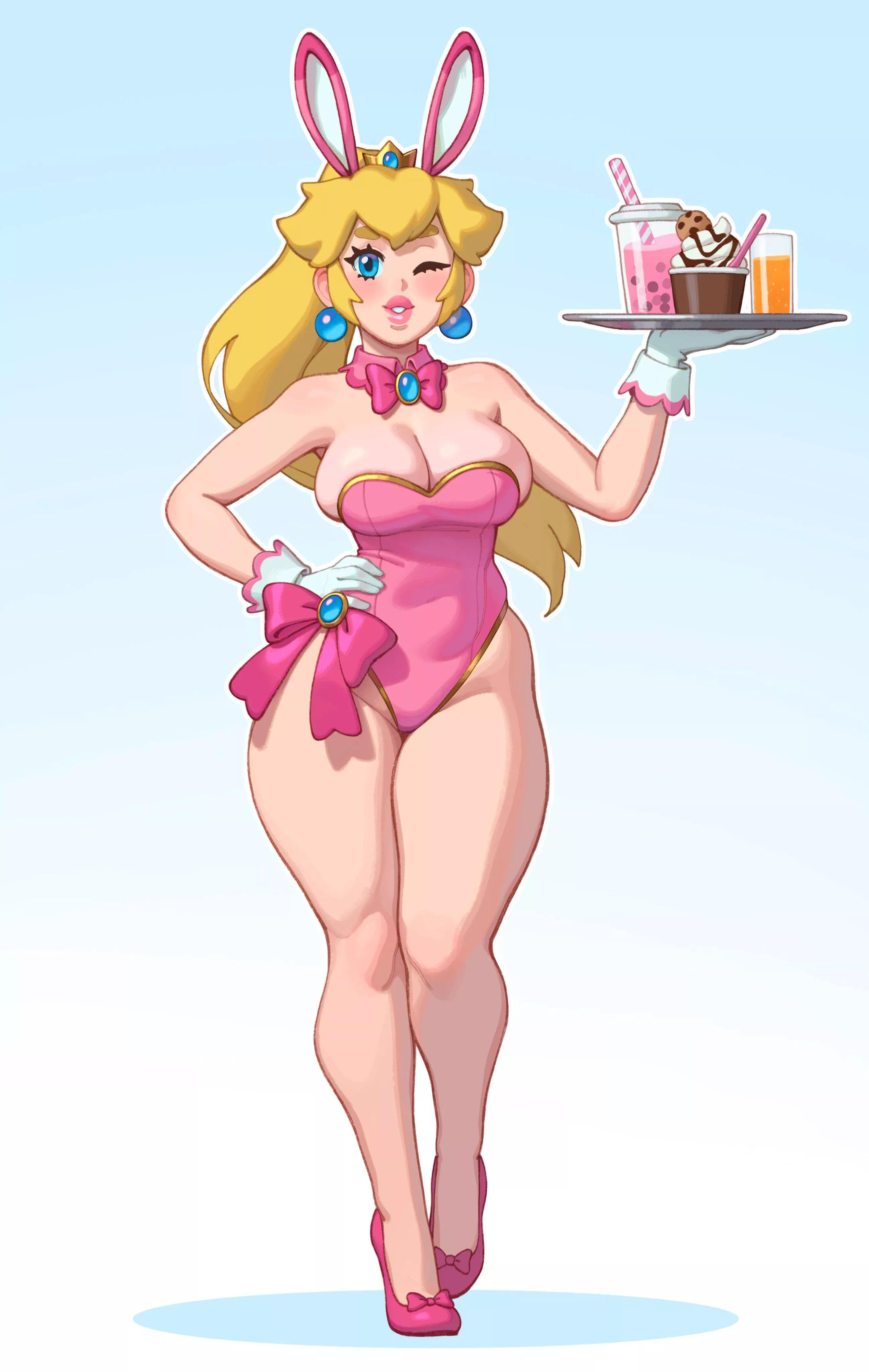 Princess Peach - Bunny Peach waitress brings your order and a complementary free wink (Riz, rizdraws) [Super Mario] posted by gifsundgirls