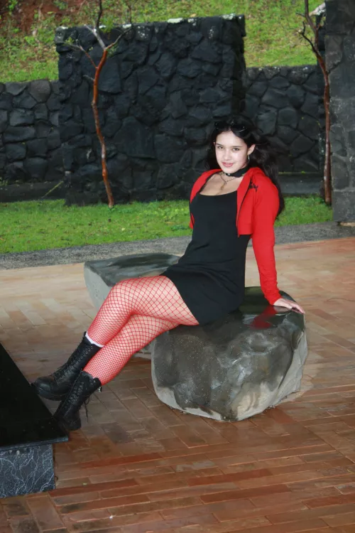Showing off my red fishnets and big black boots by Marisol18Miami