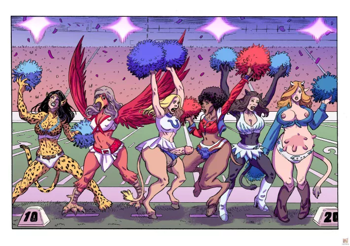 Showing Off Their Team Spirit! [F cheerleaders > F anthro various] (horse girl, cow girl, bird girl, cat girl, futa) by Cezar_Nix