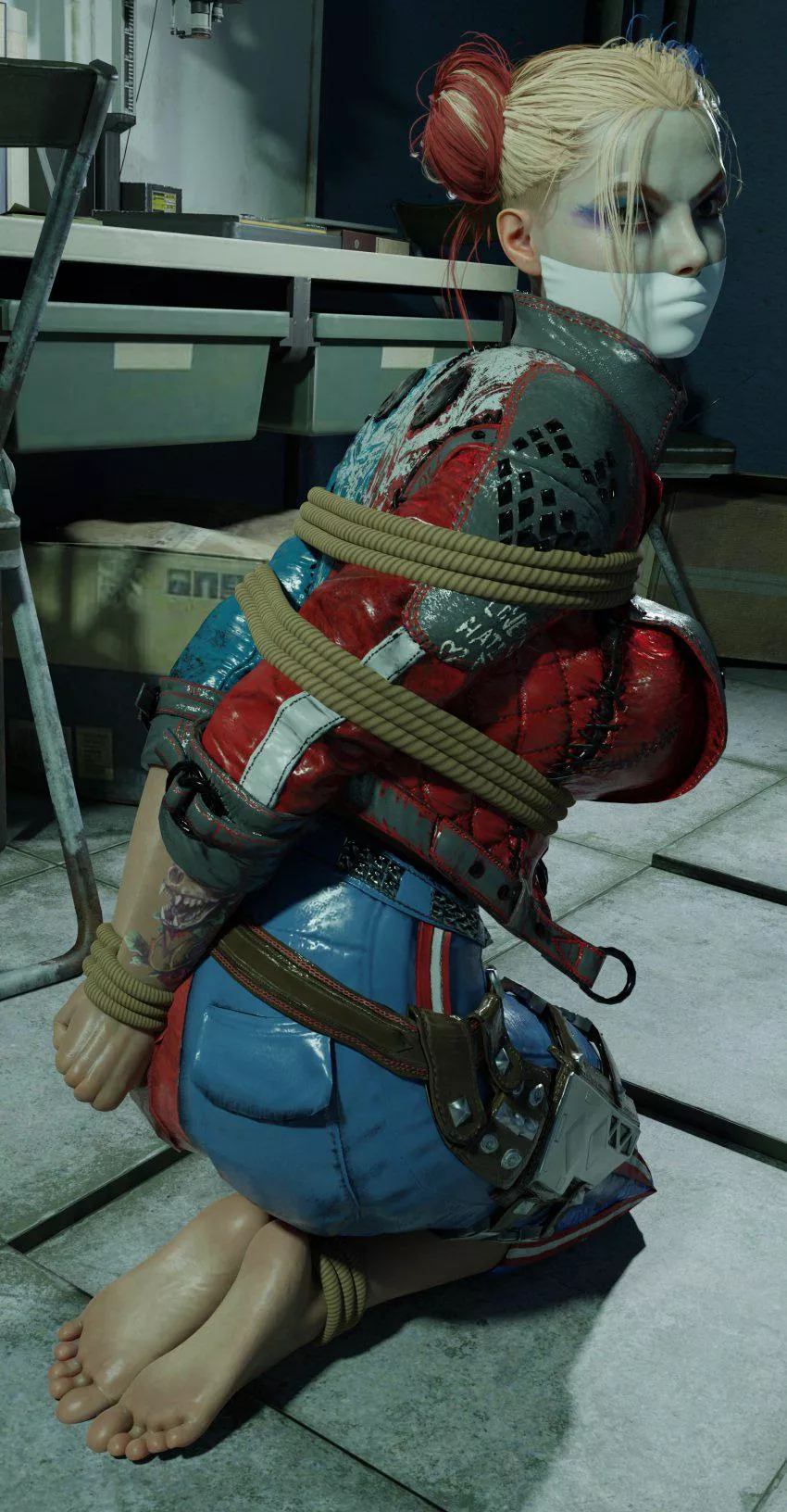 [suicide squad: kill the justice league] Harley Quinn barefoot bound and gagged (theblendertaper) posted by Thunder_God_9