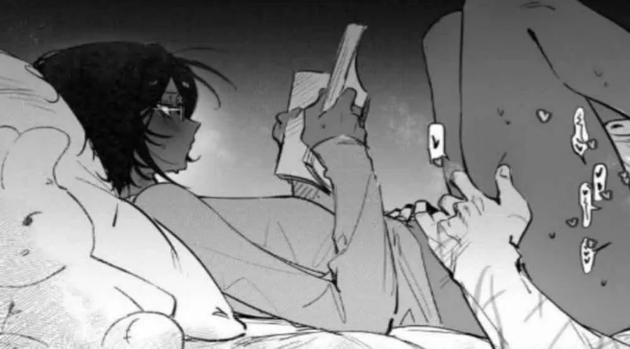 LF Mono Source: 1boy, 1girl, cunnilingus, dark skin, black hair, glasses, sweater, reading a book, scars on arms, veiny arm, sweat, sfx, by bread_w_watermelon