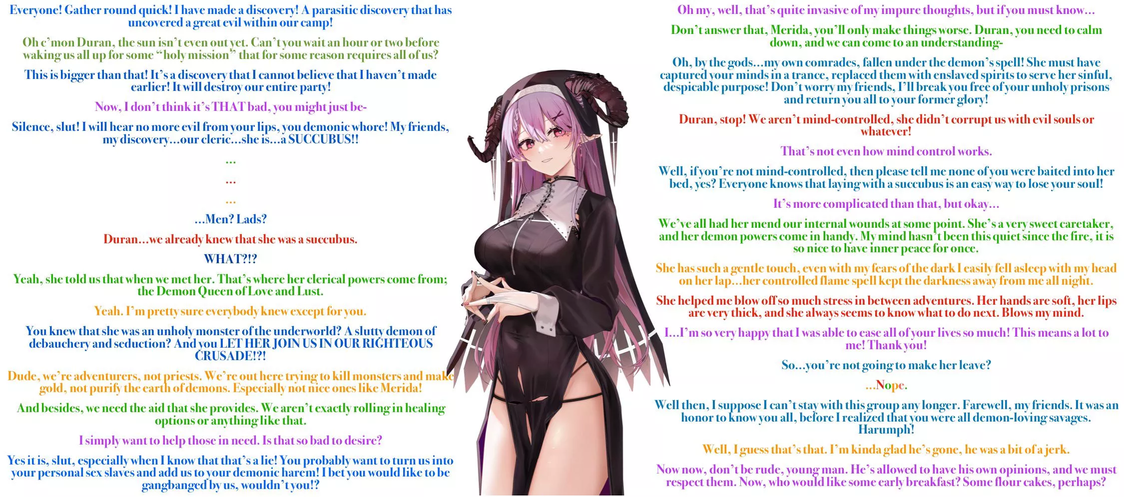 Paladins don’t like demons [fantasy] [adventuring party] [friendly succubus] [conversation] posted by Sir-M-Oxlong