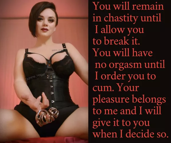 You will remain in chastity until I allow you to break it. You will have no orgasm until I order you to cum. Your pleasure belongs to me and I will give it to you when I decide so. by Domme_Vesper