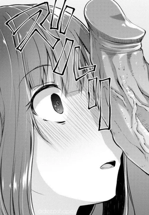 LF mono source: 1girl, 1boy, penis on face, veiny penis, erection, penis awe, looking at penis, wide-eyed, parted lips, open mouth, medium bangs, blush, out of frame, foreign sfx by Horror-Context3230