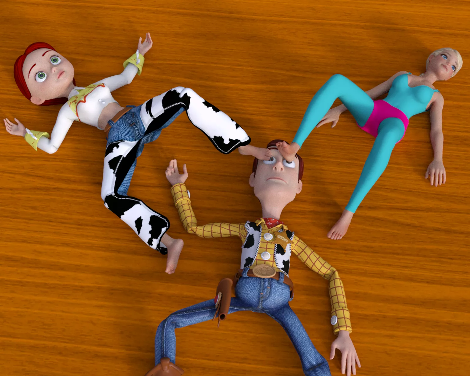 Jessie and Barbie torment Woody with their Feet 2 [Toy Story] (SoleMann) posted by SoleMann_