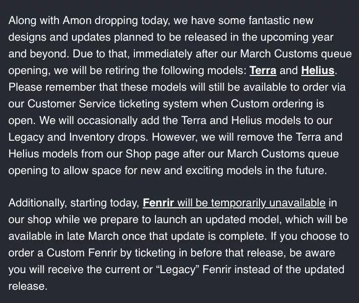 PSA Terra and Helius being retired. Fenrir temporarily unavailable to update base design to work with suction cup. posted by mangoffoxx