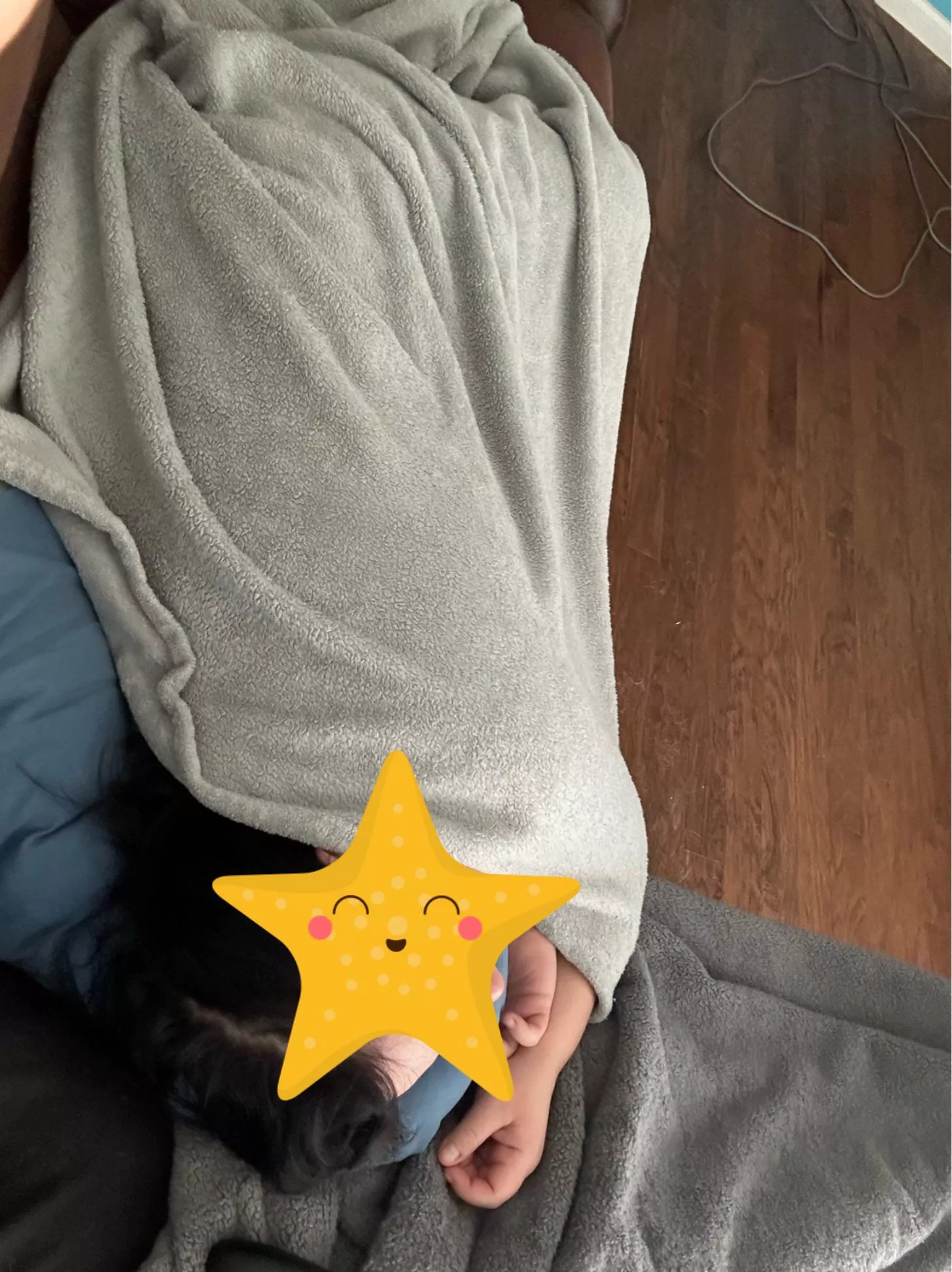 My little baby is napping on my lap. What do you think she is wearing under that blanket? posted by fallinginline