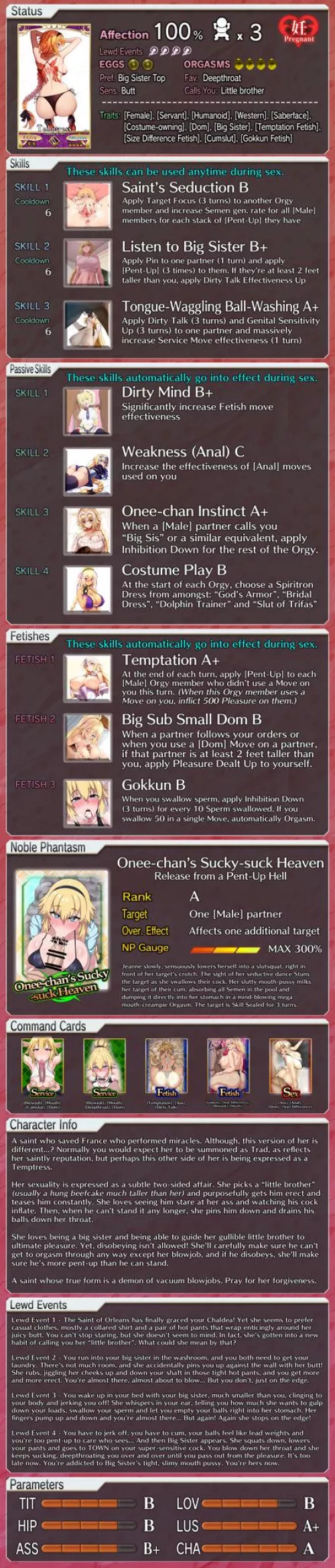 A lewd profile for Jeanne d'Arc! [FGO] [Fate] [Game Mechanics] [Temptation] [Virginity Kink] [Size Difference Kink] [Cumslut Kink] [Gokkun] [Big Sister Kink] by swirlin2048
