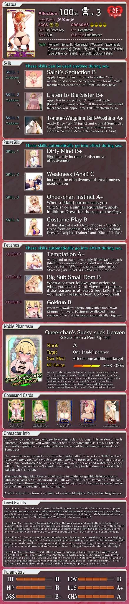 A lewd profile for Jeanne d'Arc! [FGO] [Fate] [Game Mechanics] [Temptation] [Virginity Kink] [Size Difference Kink] [Cumslut Kink] [Gokkun] [Big Sister Kink] posted by swirlin2048