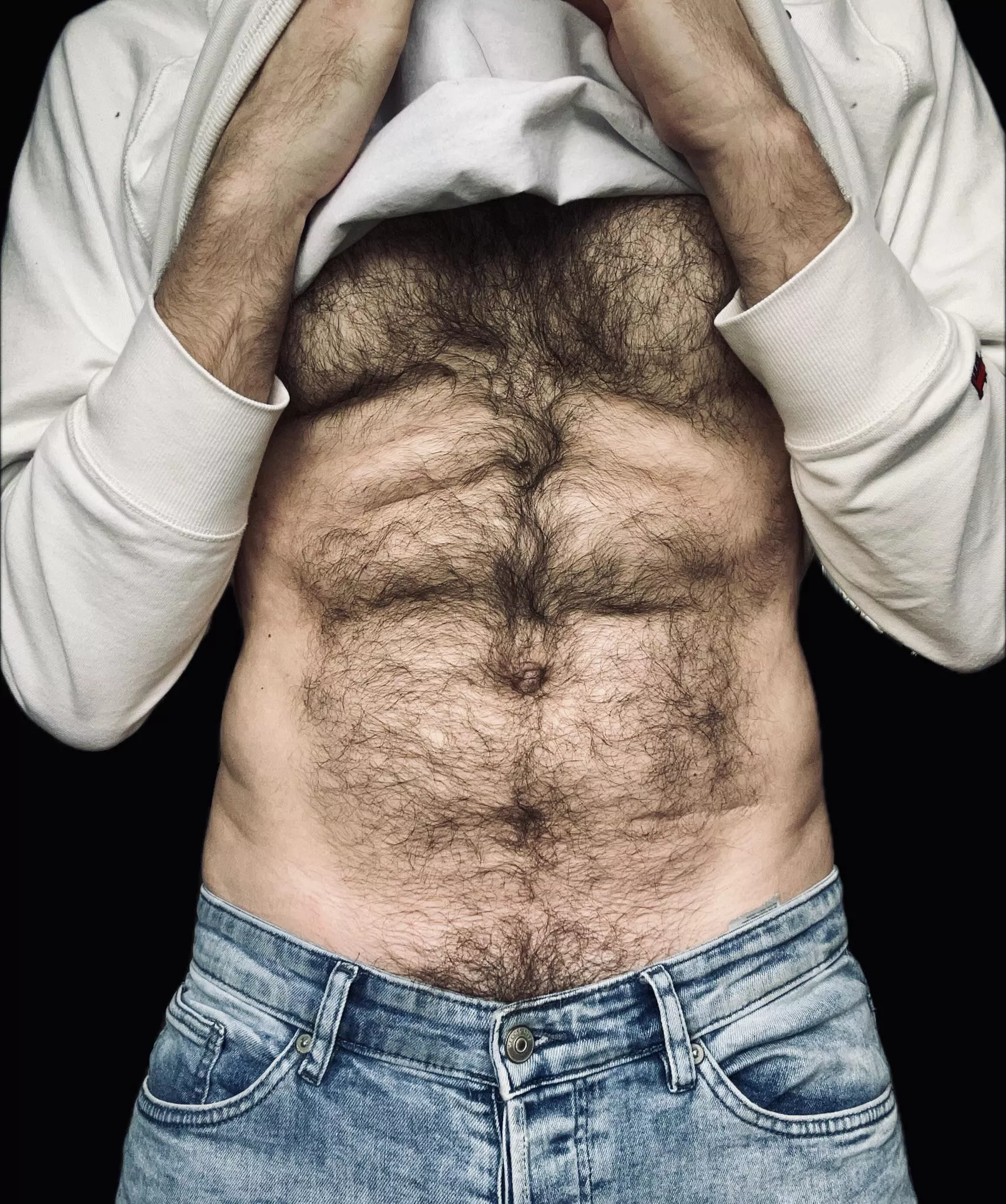 I wipe my mouth on my shirt because I know you can't resist staring at my belly & bush...  posted by jerseyjaxoff