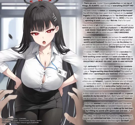 Boss-Wife Is Annoyed At Breeding Neglect [Male POV] [Hetero] [Wholesome] [Romance] [Cute] [Boss-Worker Relationship] [Non-canon character] [Breeding] [Impregnation] by swirlin2048