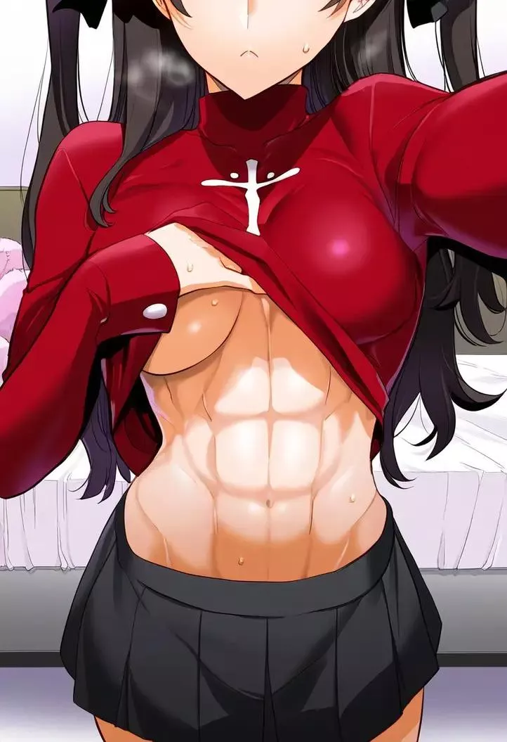 LF Color Source: 1girl, abs, bed, shirt lift, red shirt, black skirt, black hair, long hair, twintails, Rin Tohsaka, Fate/stay Night posted by Kevinrealk
