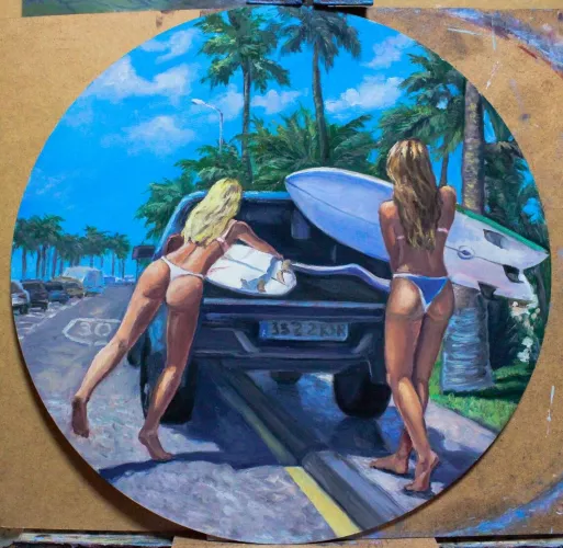 Young surfers. My oil painting on hardboard by PrusRuslan