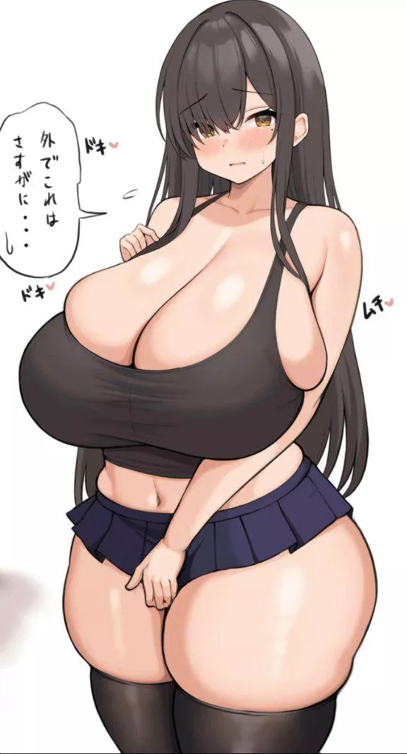 Color 1girl black_crop_top black_hair blue_skirt covering_crotch covering_privates foreign_text gigantic_breasts hair_over_one_eye huge_breasts long_hair looking_at_viewer microskirt midriff mole_under_eye parted_lips purple_skirt sfx skindentation tank_ posted by HentaiSource_Archive