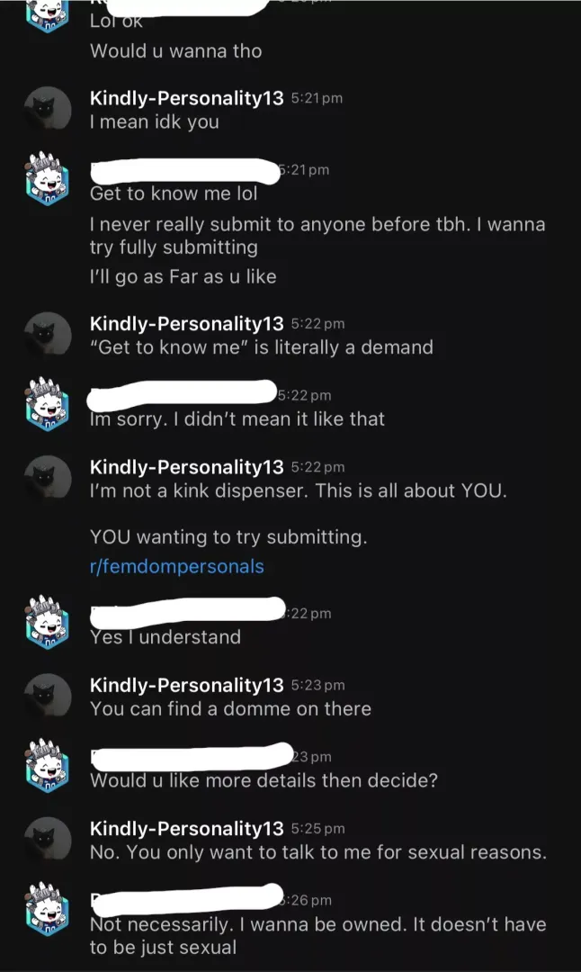 Hey subs, the personals subs exist for a reason. Dming us asking if we’ll be your domme is disrespectful. Not a compliment. posted by Kindly-Personality13