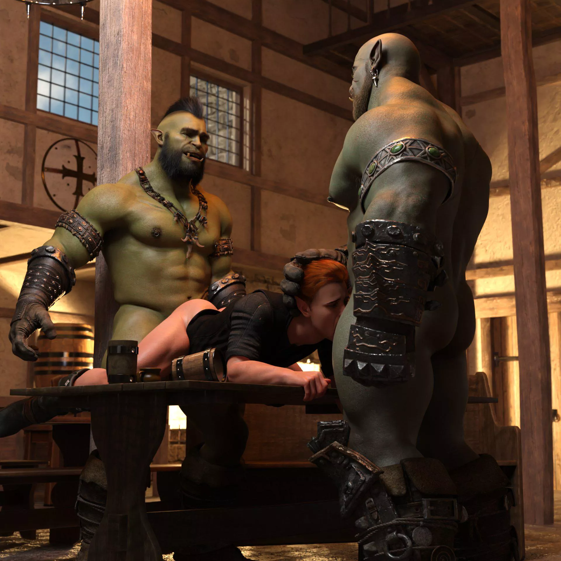 Two burly orcs having fun with a twink...I mean elf in a local tavern. [@Wereorc] posted by AlterionYuuhi