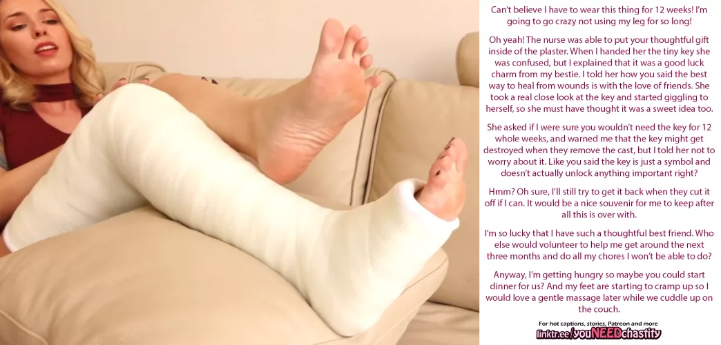 Your chastity key in your bestie's foot cast by chastity_throwaway1