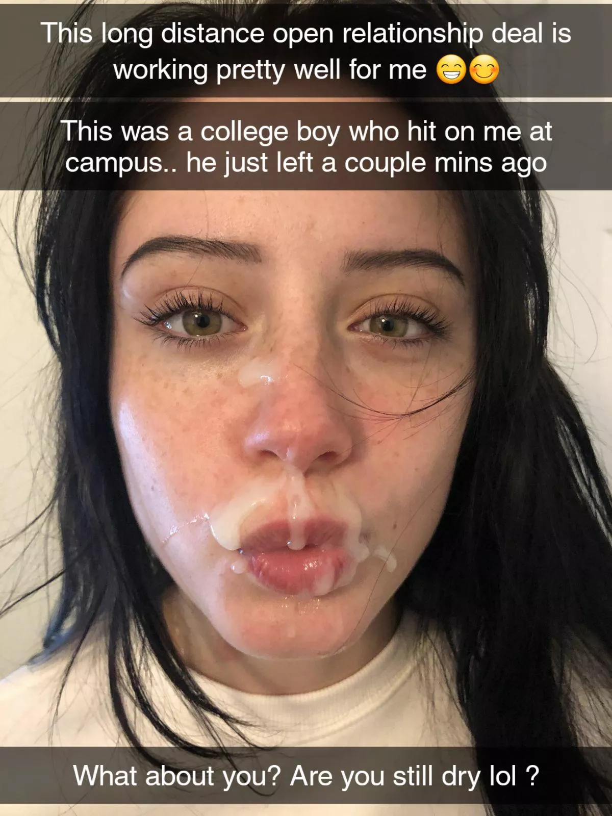 You and your long distance girlfriend have an open relationship and she lets you know about every hook-up she's had  posted by Captiondude1996