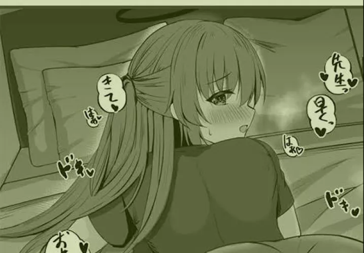 LF Mono Source: 1girl, long hair, dark hair, halo, ponytail, bed, blushing, open eyes, mouth open, laying down, clothed, short sleeve shirt, foreign text, bedroom, multiple pillows, panting. by Killofall