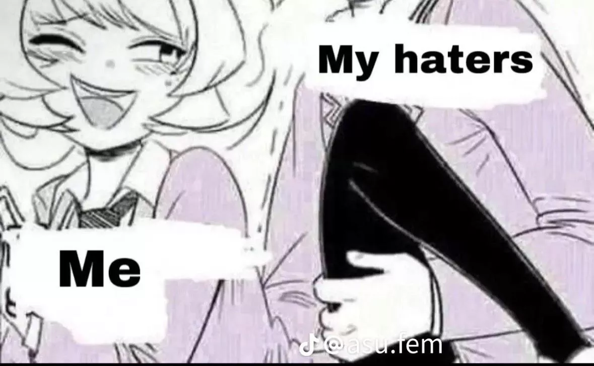 Mono , 1girl , 1boy , sex , short hair , blonde hair , leggings , tie , one eye open , mouth open , me , my haters , meme posted by leosldoa