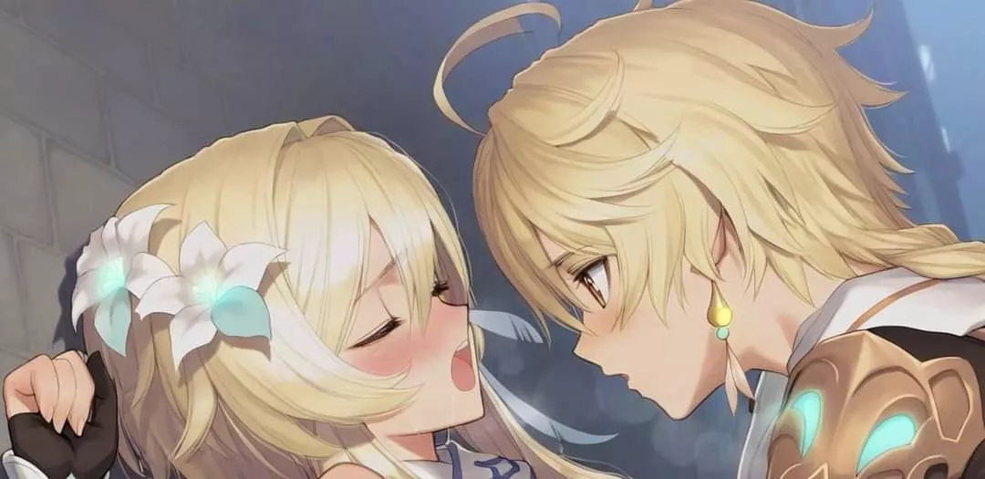 LF Color Source: 1boy, 1girl, genshin impact, aether, lumine, blush, pinned to wall, eyes closed, mouth open, implied sex, partially fingerless gloves, blonde, ahoge posted by bjern1101
