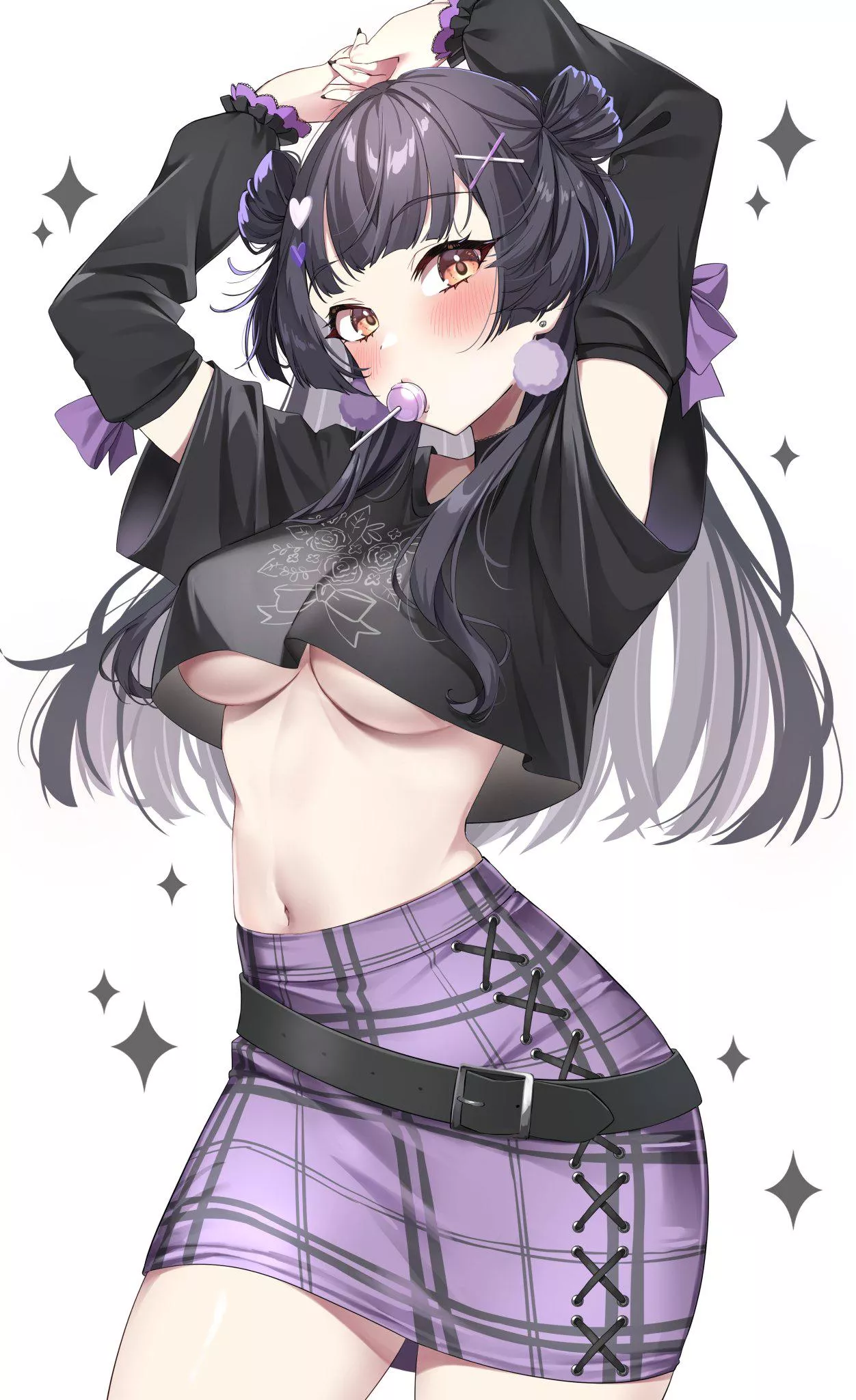 Fuyuko in black cropped shirt and purple skirt with lollipop (gawa_wawa) [iDOLM@STER Shiny Colors] posted by elegantloveglimmer