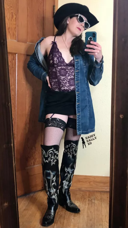 Short skirt, long jacket, tall boots by SassySallyXO