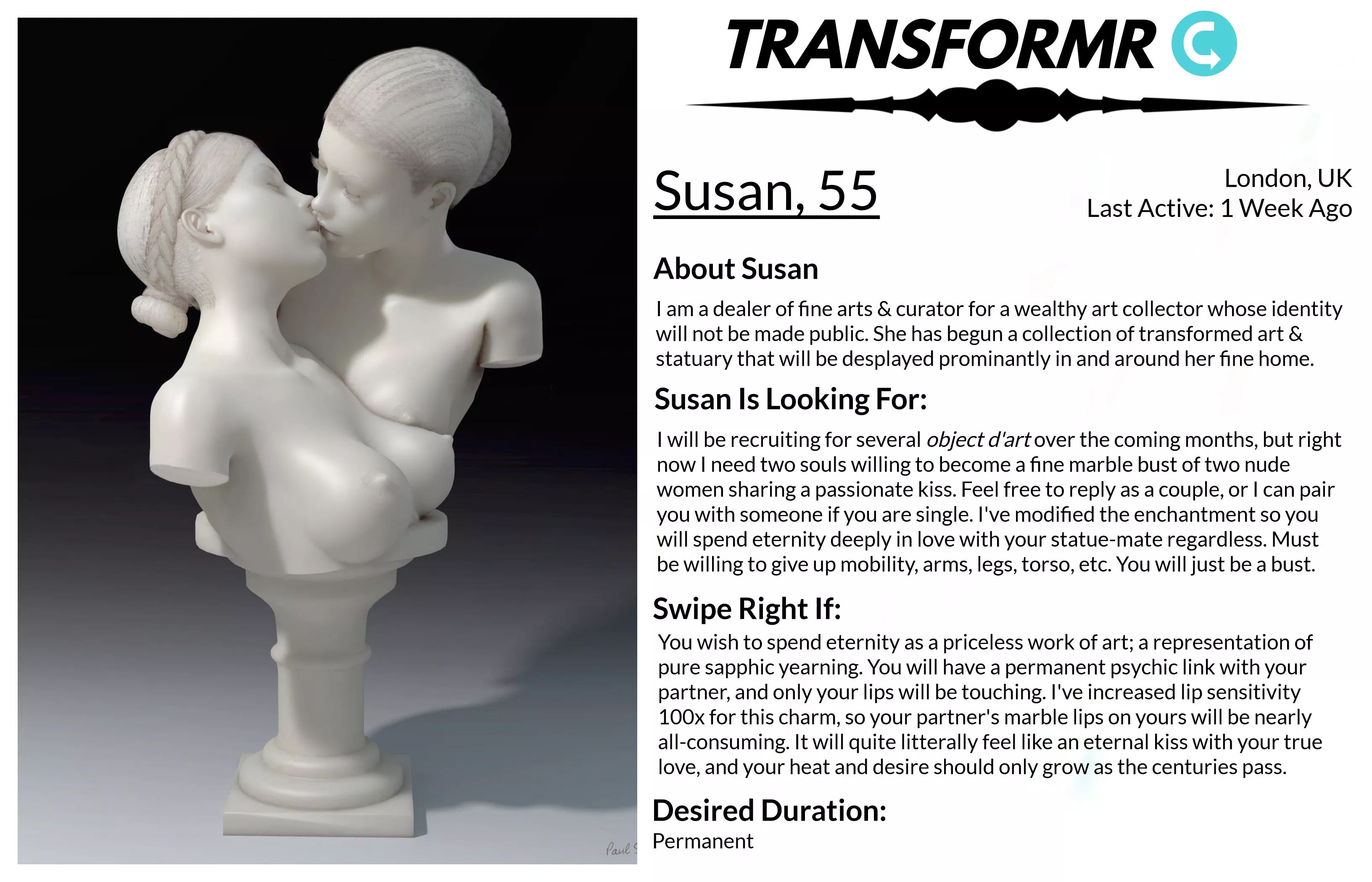 Transformr Profile: Susan [Caption, Inanimate, Petrification, Statue-TF] by SloaneIvy posted by Xander178