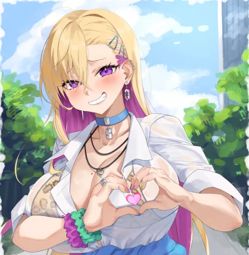 Color 1girl blonde_hair_between_eyes clenched_teeth collar colored_inner_hair crossed_bangs_pinned_back ear_piercing earrings gyaru hairclip heart_hands large_breasts leopard_print looking_at_viewer mole_on_breast necklace pink_hair purple_eyes scrunchie by HentaiSource_Archive