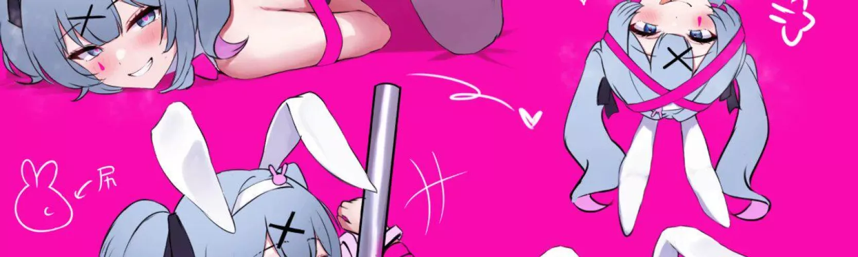 Color 1girl :q bangs bare_shoulders blue_eyes blue_hair bondage bunny_ears/rabbit_ears clenched_teeth crop hair_ribbon hairband hatsune_miku heart-shaped_pupils looking_at_viewer multiple_views pink_background playboy_bunny sfx smile teardrop_tattoo tong by HentaiSource_Archive