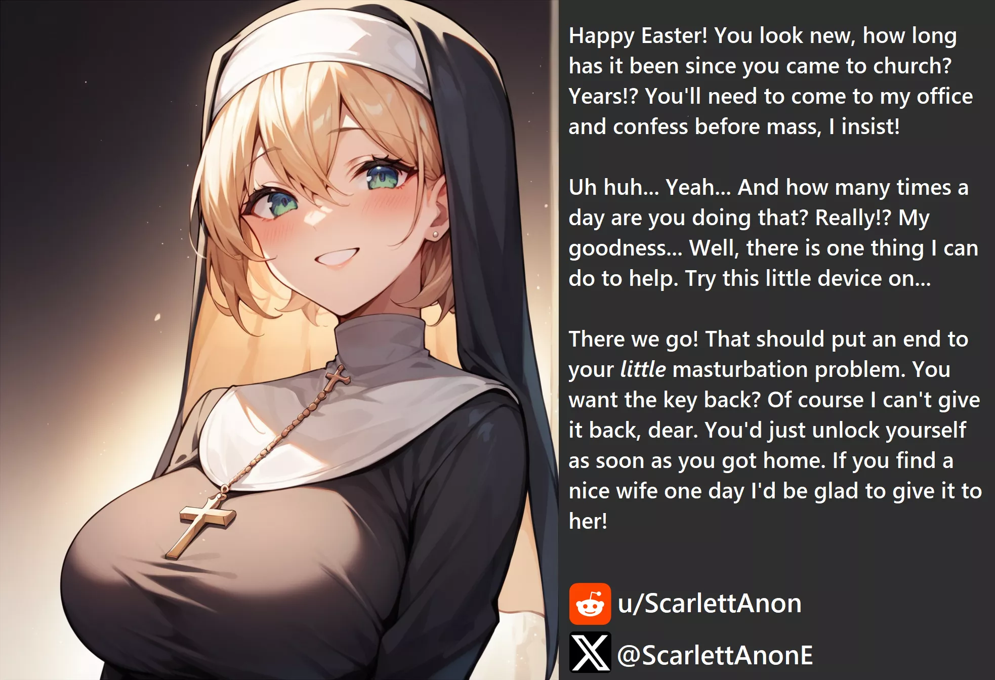 Happy Easter! Hope you weren't planning on anything naughty today. posted by ScarlettAnon