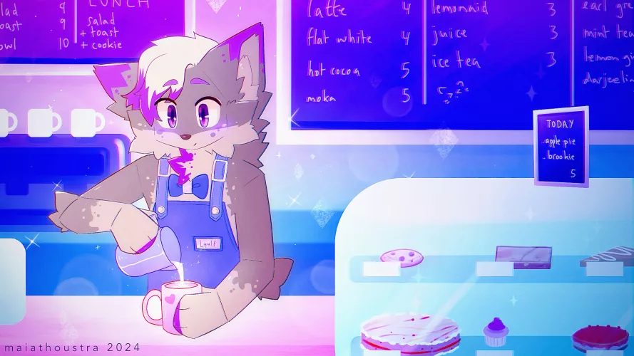 Fluffy barista ~ for Purple_Folf, art by me @maiathoustra by maiathoustra