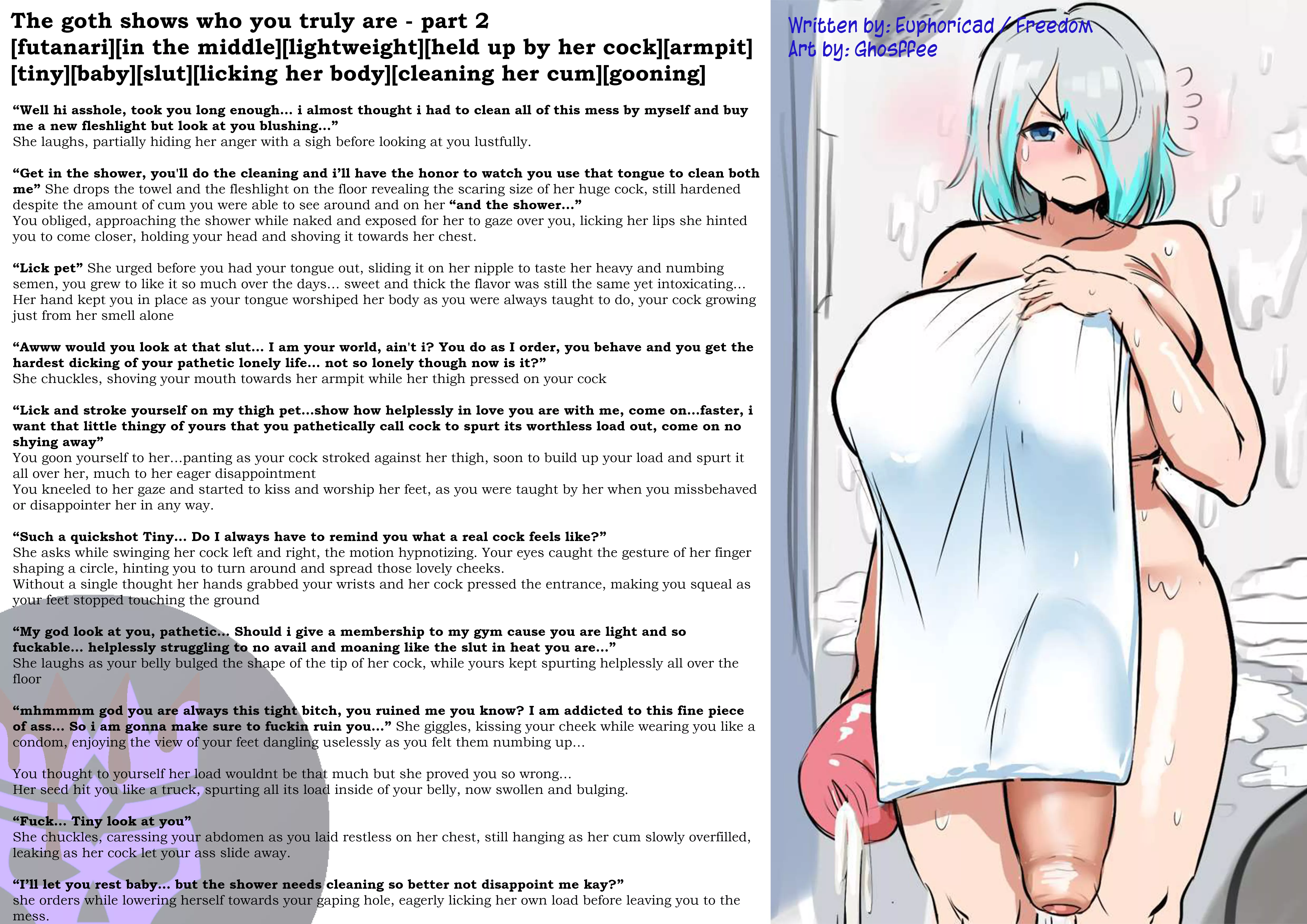 The goth shows who you truly are - part 2 [futanari][in the middle][mocking][lightweight][held up by her cock][cleaning her mess][licking cum][gooning][