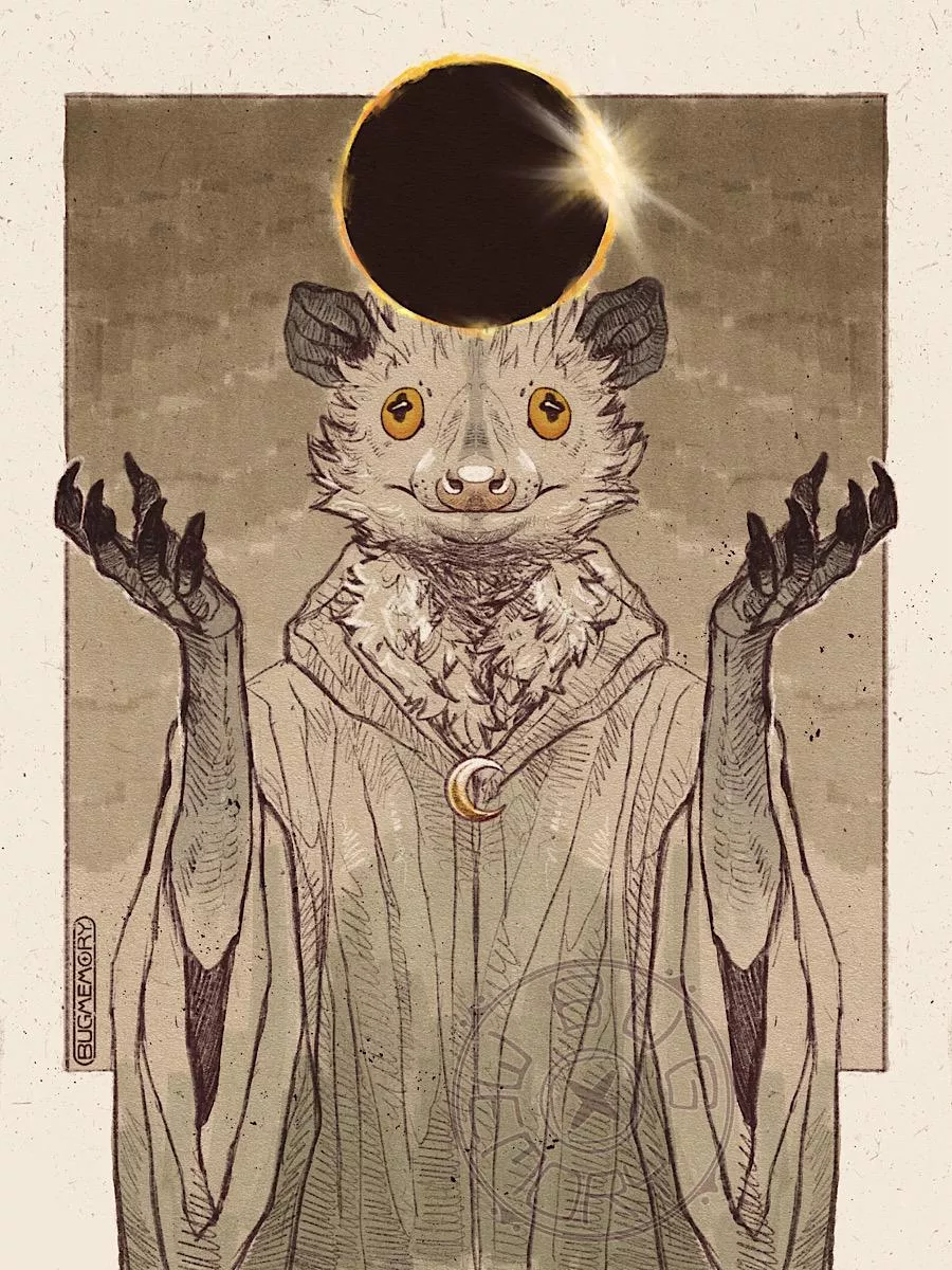 Solar eclipse-themed art of my opossum, Harold [art by me] posted by BugMemory