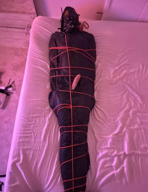 you cum hardest when mistress  is in charge and your in strict bondage , This slut is hooded , gagged ,plugged and has been milked out by mistresses milking wand   once I’ve recaged his clitty he’s sleeping in the bondage bag <3 by Ldsfemboy
