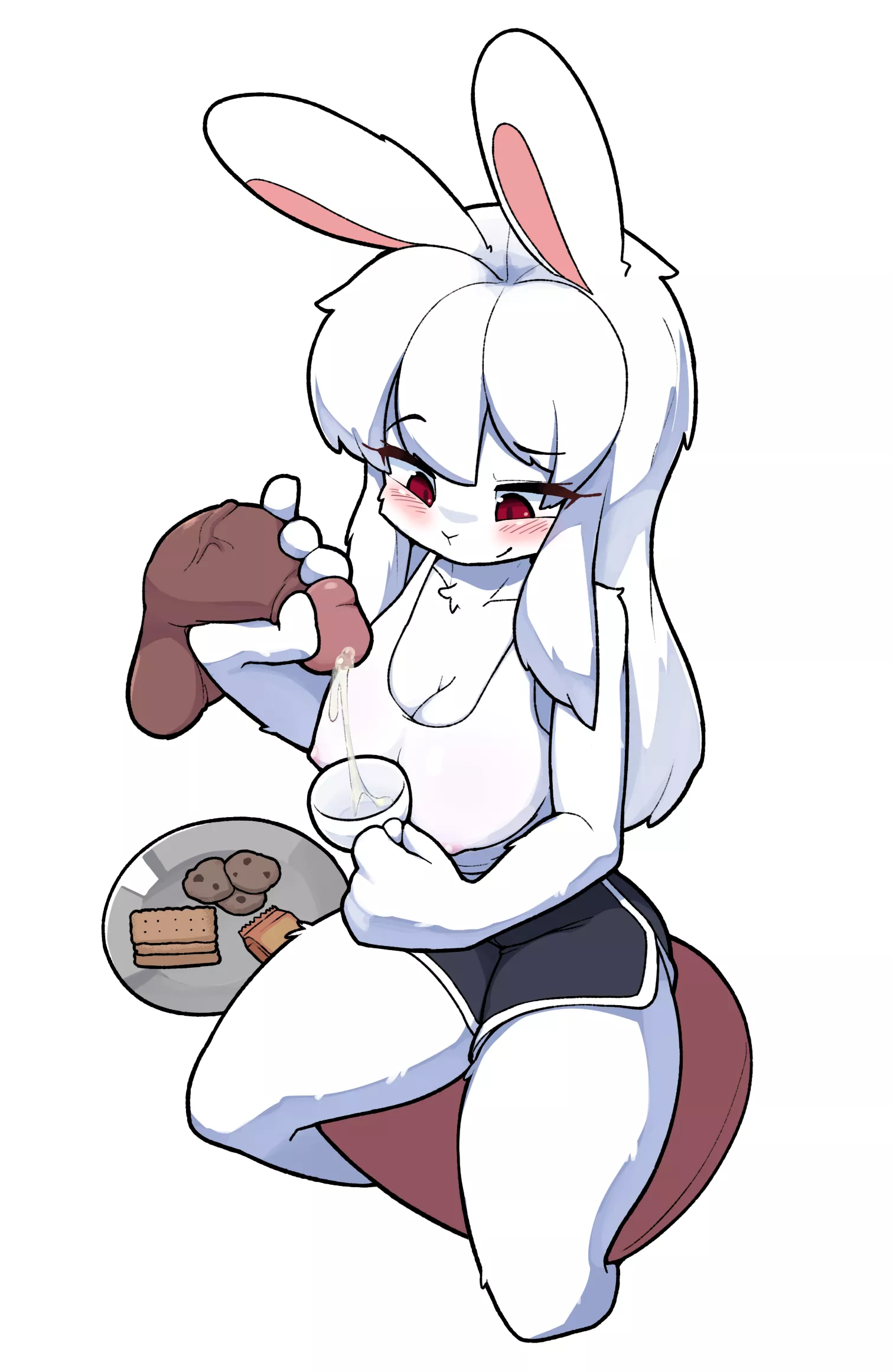 LF Color Source: 1girl, furry, bunny, red eyes, black shorts, sitting, white hair, shirt posted by Anothernewdaw