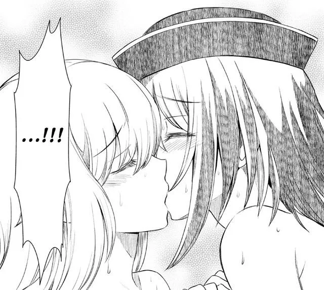 LF Mono Source: 2girls, multiple girls, hat, short hair, long hair, closed eyes, kissing, yuri, shoulder, blushing, speech bubble, exclamation mark, sweat, naked posted by Simpsons138