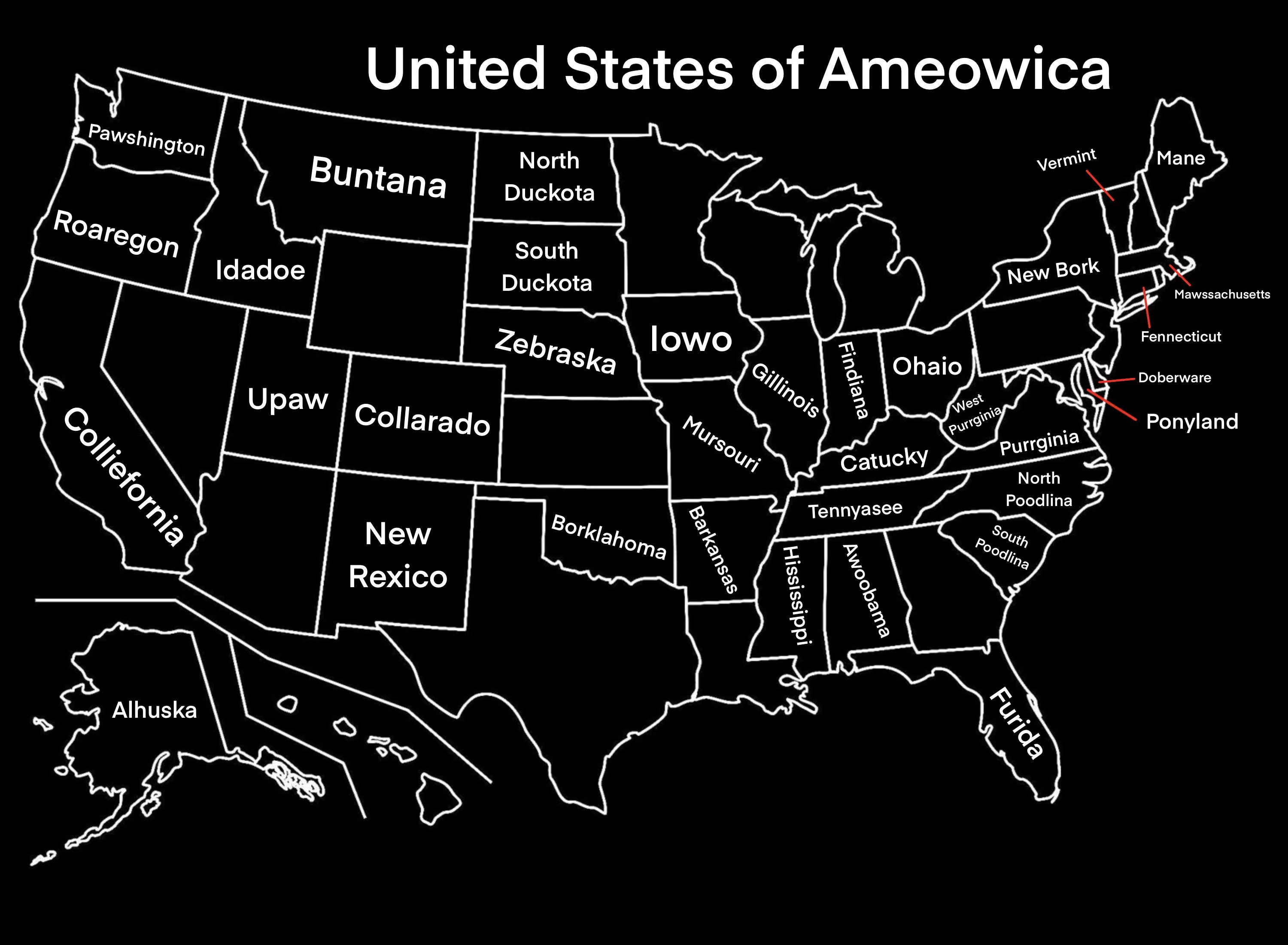 Im working on making a furry-themed map of the US partly as a joke and partly as a version of Earth my furry cannons will take place. Its incomplete but Id love some suggestions and if u have better ideas than what i did (OC) posted by Chase_Has_Autism