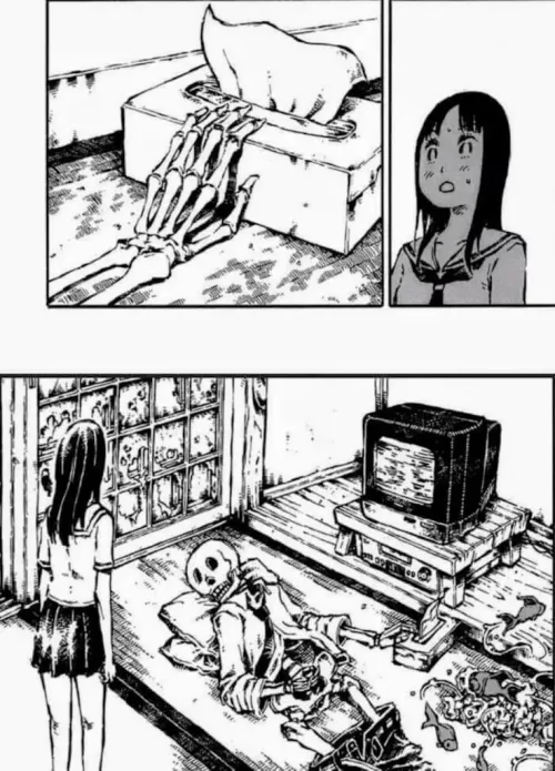 LF Mono Source, 1girl, Skeleton, Implied Masturbation, Tissue, Tissue Box, Television by PeaSubstantial9774